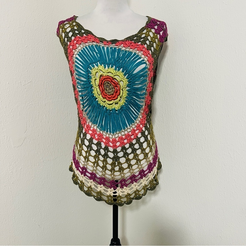 Aqua Blue Vintage Y2K Colorful Crochet Top, Mandala Boho Crochet Coverup EUC